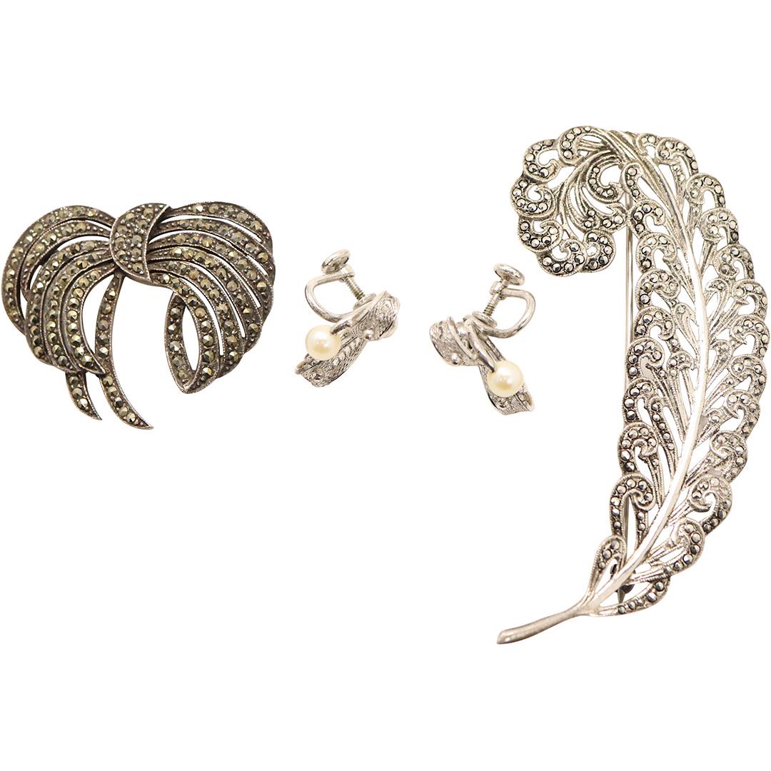 [3] Sterling and Marcasites 2 Brooches and Earrings (1 of 9)
