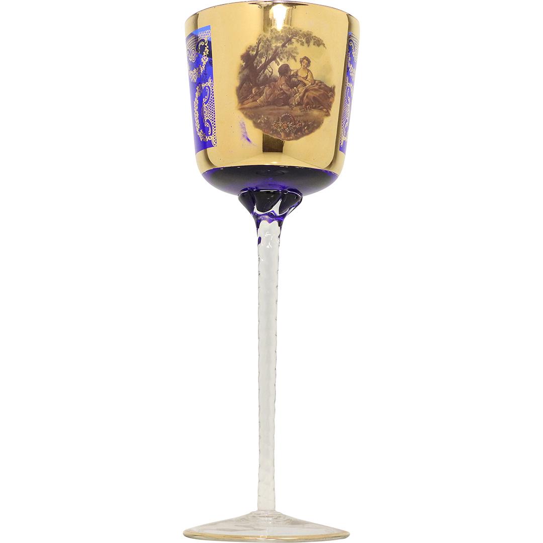 Italian Glass Cobalt & Gold Gilt Chalice Genre Scene: Italian Glass Cobalt & Gold Gilt Chalice Genre Scene. Size: 14.5h x 5w