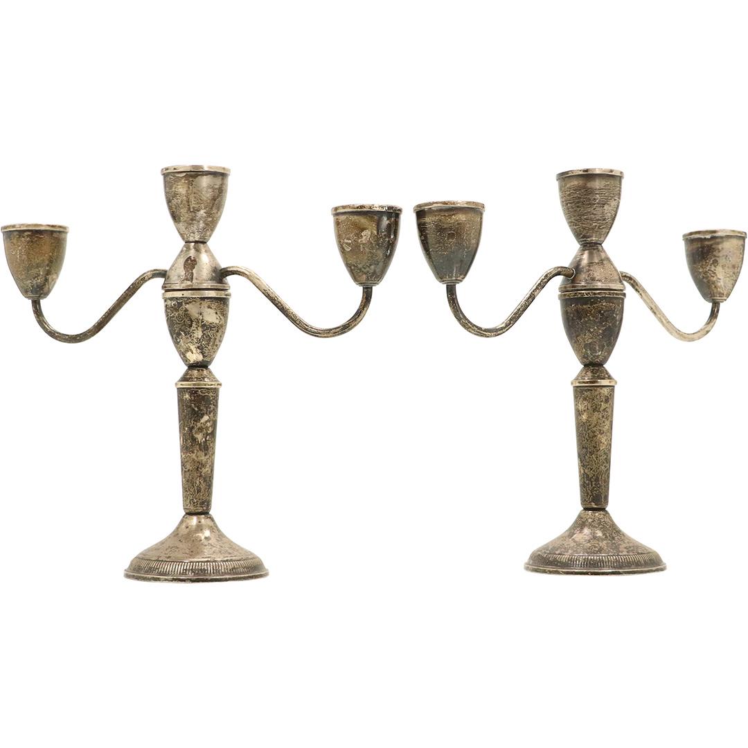 Pair Sterling Silver Weighted Triple Light Candlesticks (1 of 7)