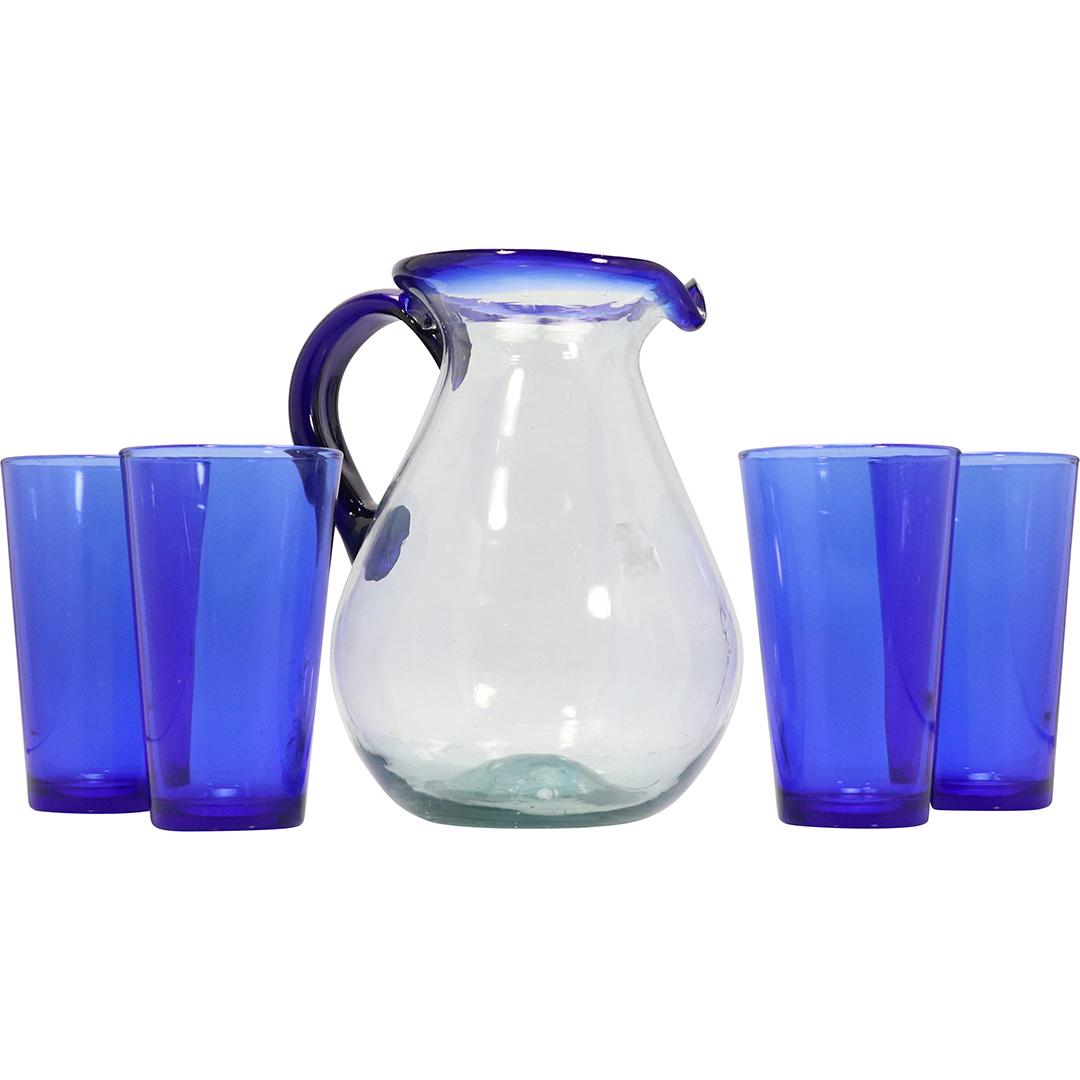 Hand Blown Glass Water Pitcher & 4 Cobalt Glasses (1 of 7)