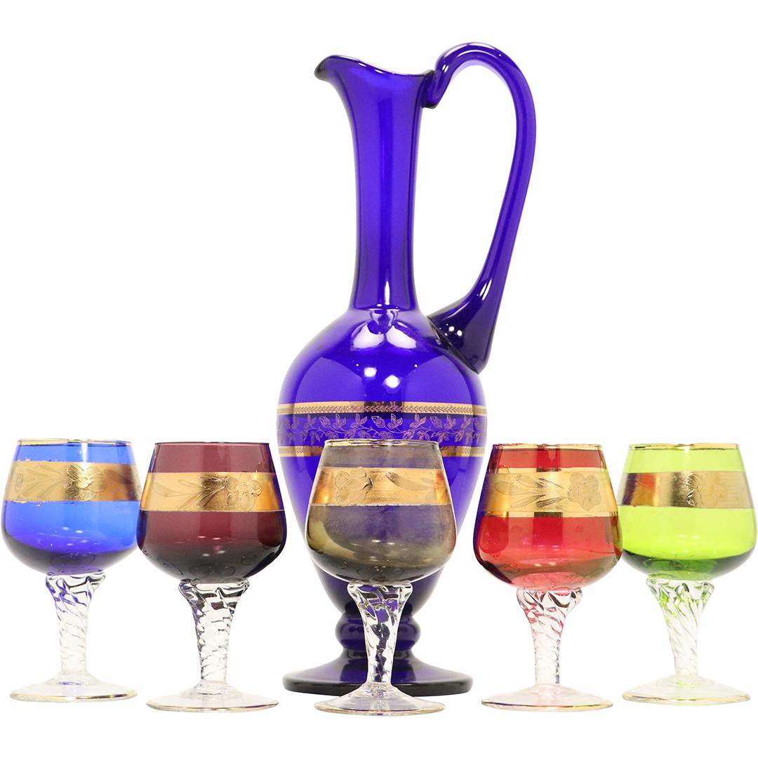 Italian Cobalt Glass Decanter, 5 Colored Glass Stemware (1 of 8)