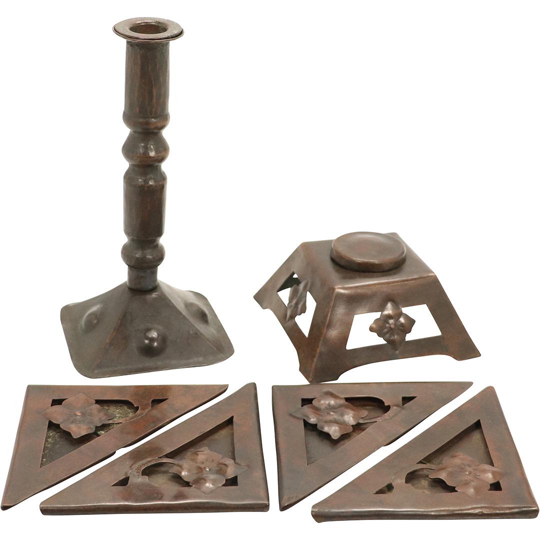 6 Pcs. Roycroft Signed Desk Blotter Ends, Inkwell, Cand (1 of 14)