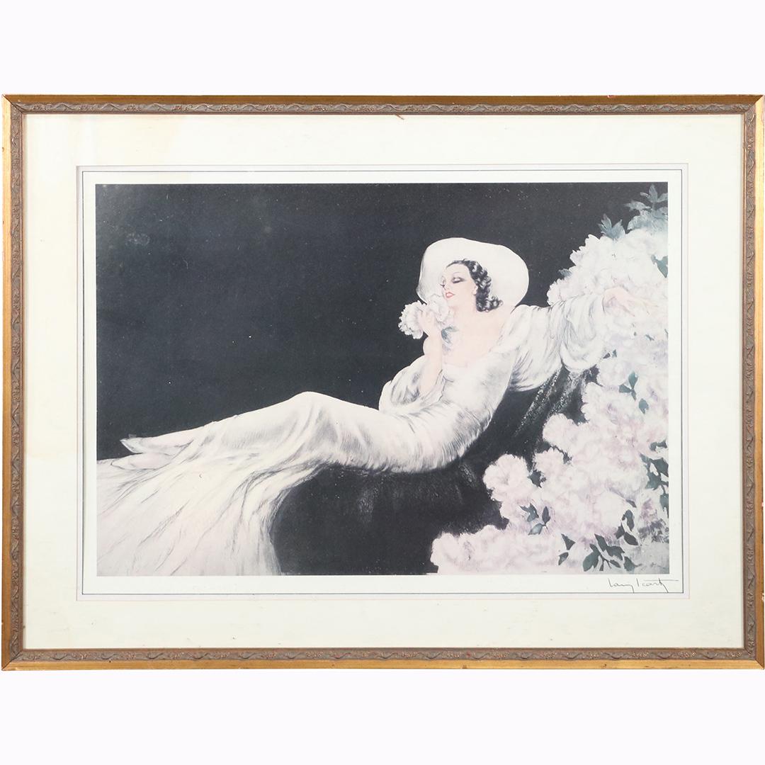 Louis Icart, Decorative Print, Reclining Fashion Woman: Louis Icart, Decorative Print, Reclining Fashion Woman. Signed in plate. Framed. Size: 16.5x23.5 image, 22.5x29.5 outside frame