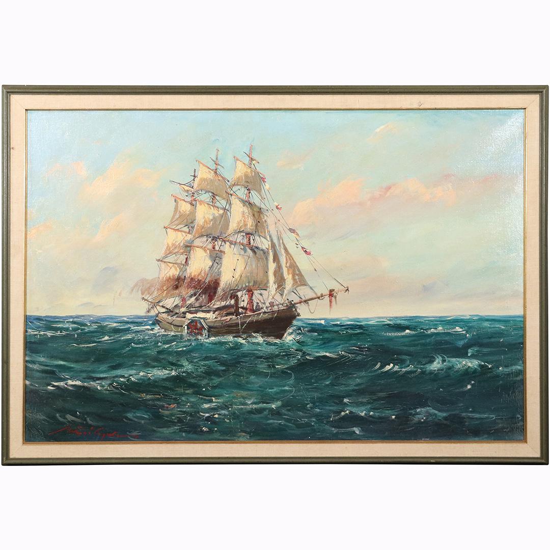 Full Sail Ship on Seas, Vintage Oil/c Signed Illegible: Full Sail Ship on Seas, Vintage Oil/c Signed Illegible. Oil on canvas painting. Framed. Size: 35.5x24 in image, 39x27 in outside frame