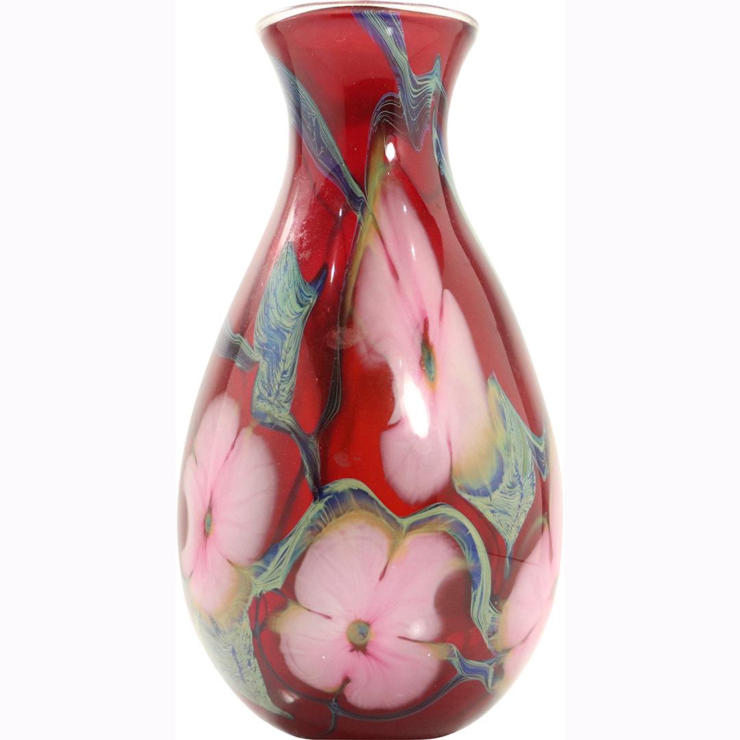 Charles Lotton Signed Studio Art Glass Vase Pink Floral (1 of 7)