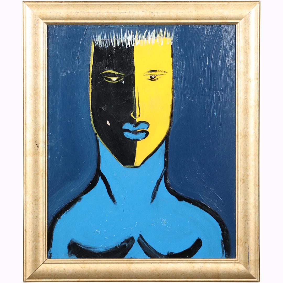 Pulgini, Mid-Century Oil/b Abstract Blue Man Two Face (1 of 7)