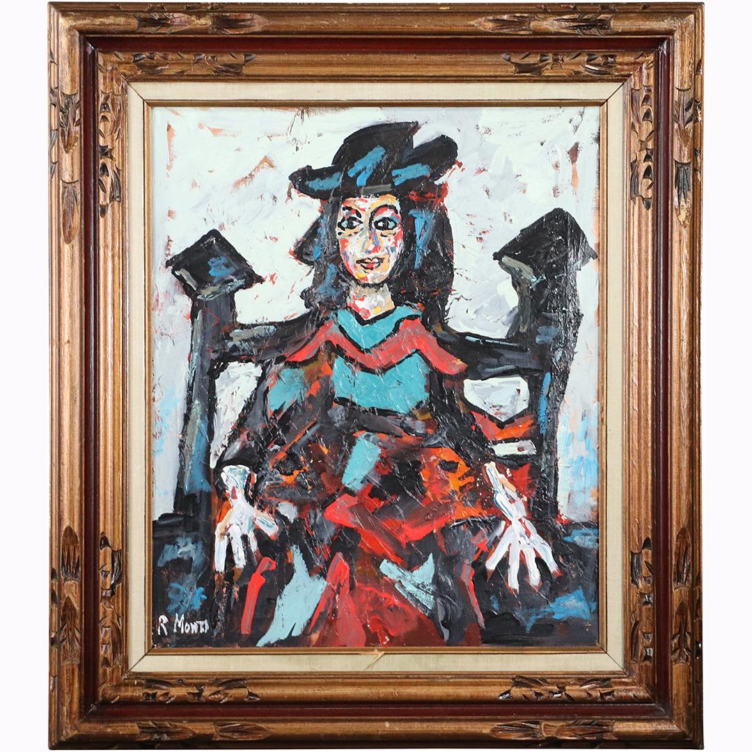 R Monti, Mid-Century Modern Abstract Woman in Chair O/c (1 of 8)