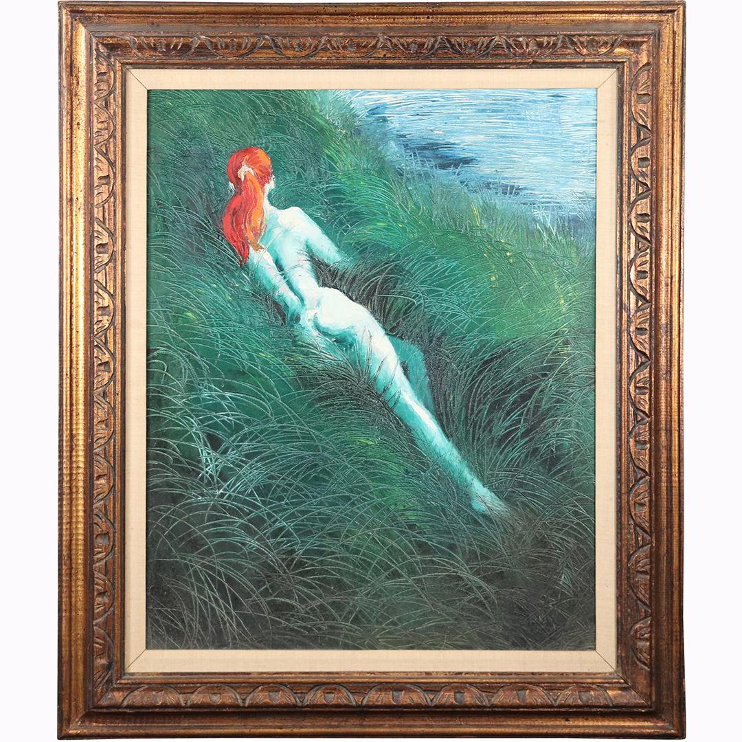 Reclining Nude in Grassy Dune at Sea Coast Oil/c: Reclining Nude in Grassy Dune at Sea Coast Oil/c. Oil on canvas painting. Vintage. Framed. Size: 30x24in image, 38.5x32.5 in outside frame