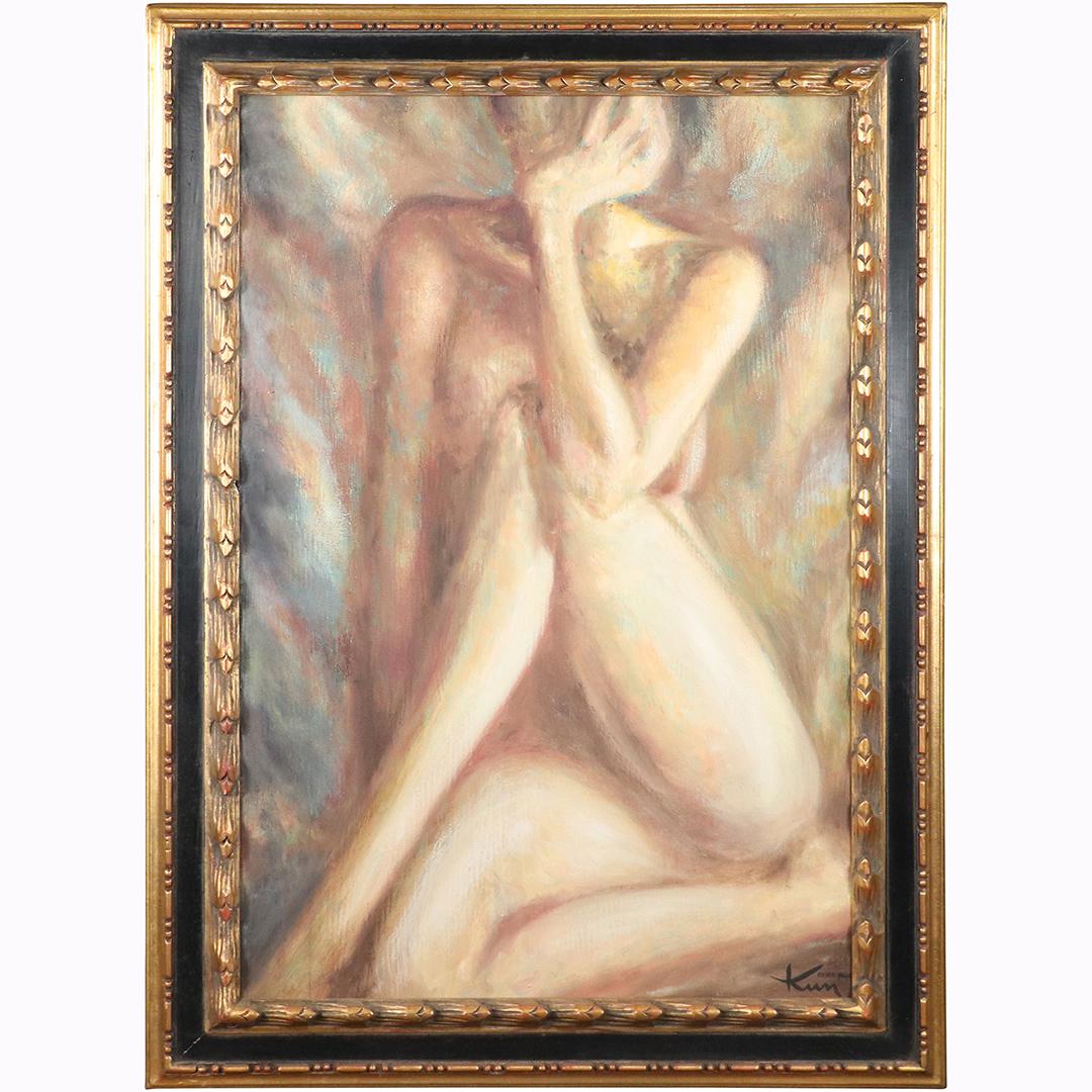 Bert Paul Kim 1966, Oil/b Seated Nude Female Signed: Bert Paul Kim 1966, Oil/b Seated Nude Female Signed on both front and back, dated 1966. Oil on board painting. Original frame. Size: 36x24 in image, 43x31 in outside frame