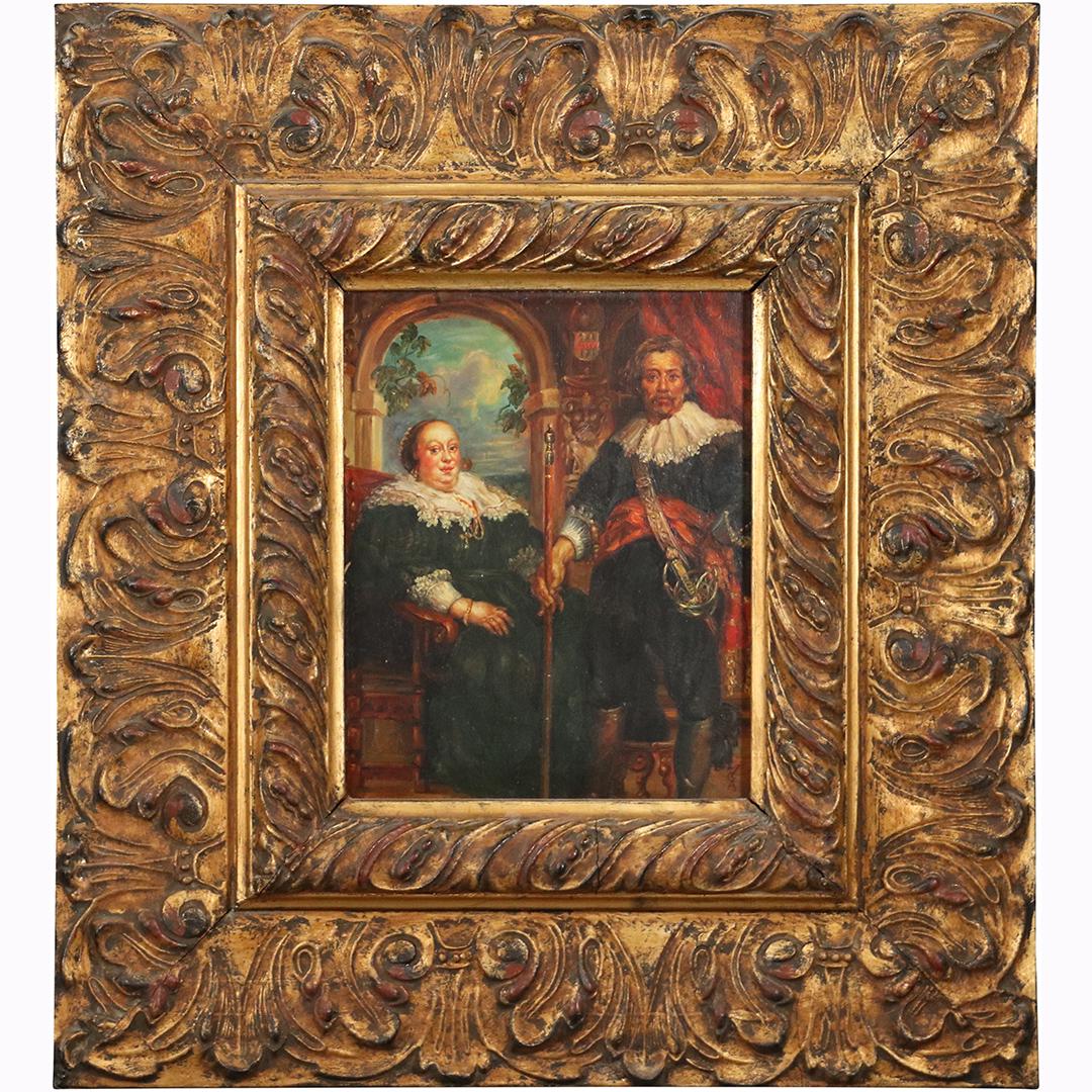 Continental School; Oil Portrait of Royal Couple: Oil on panel. Portrait of Royal Family. Probably Spanish; 10in. X 8in.(image size), 20.5in. X 18.5in.(framed)