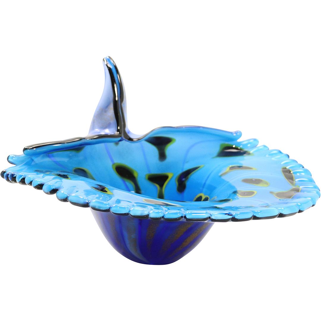 Dale Tiffany, Blue Art Glass Peacock Figure Bowl: Dale Tiffany, Blue Art Glass Peacock Figure Bowl. Original label on base. Size: 7.75h in, 10.5dia in