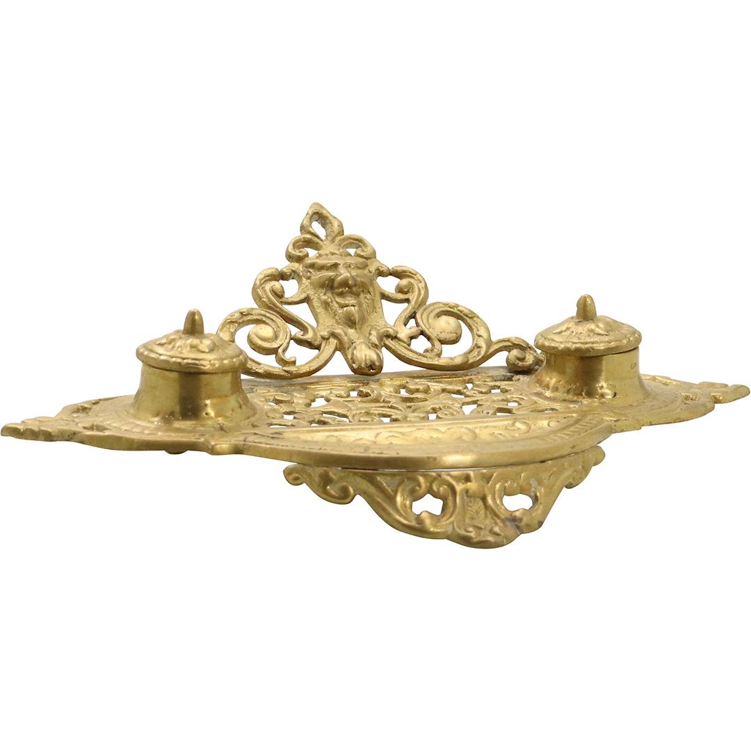 Victorian Fancy Brass Desk Top Double Inkwell (1 of 8)