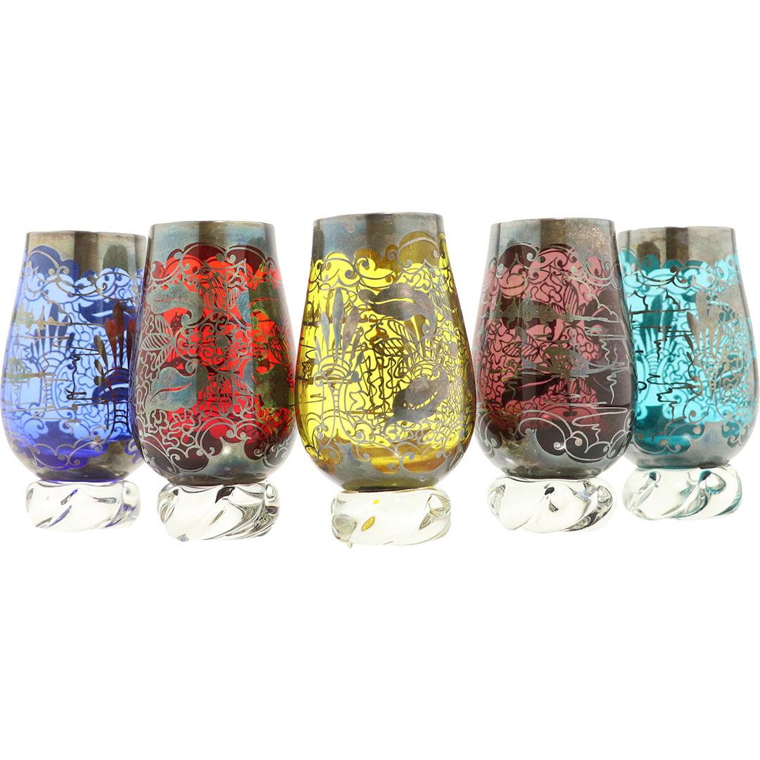 [5] Intricate Silver Overlay Colored Cordial Glasses (1 of 6)