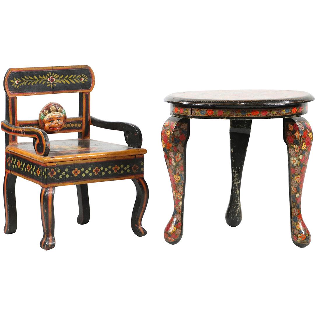 Decorated India Figure Child's Wood Chair & Round Stand: Decorated India Figure Child's Wood Chair & Round Stand. Size: table 12dia x 12h inches, chair 14x9.5 seat height 7.5 in