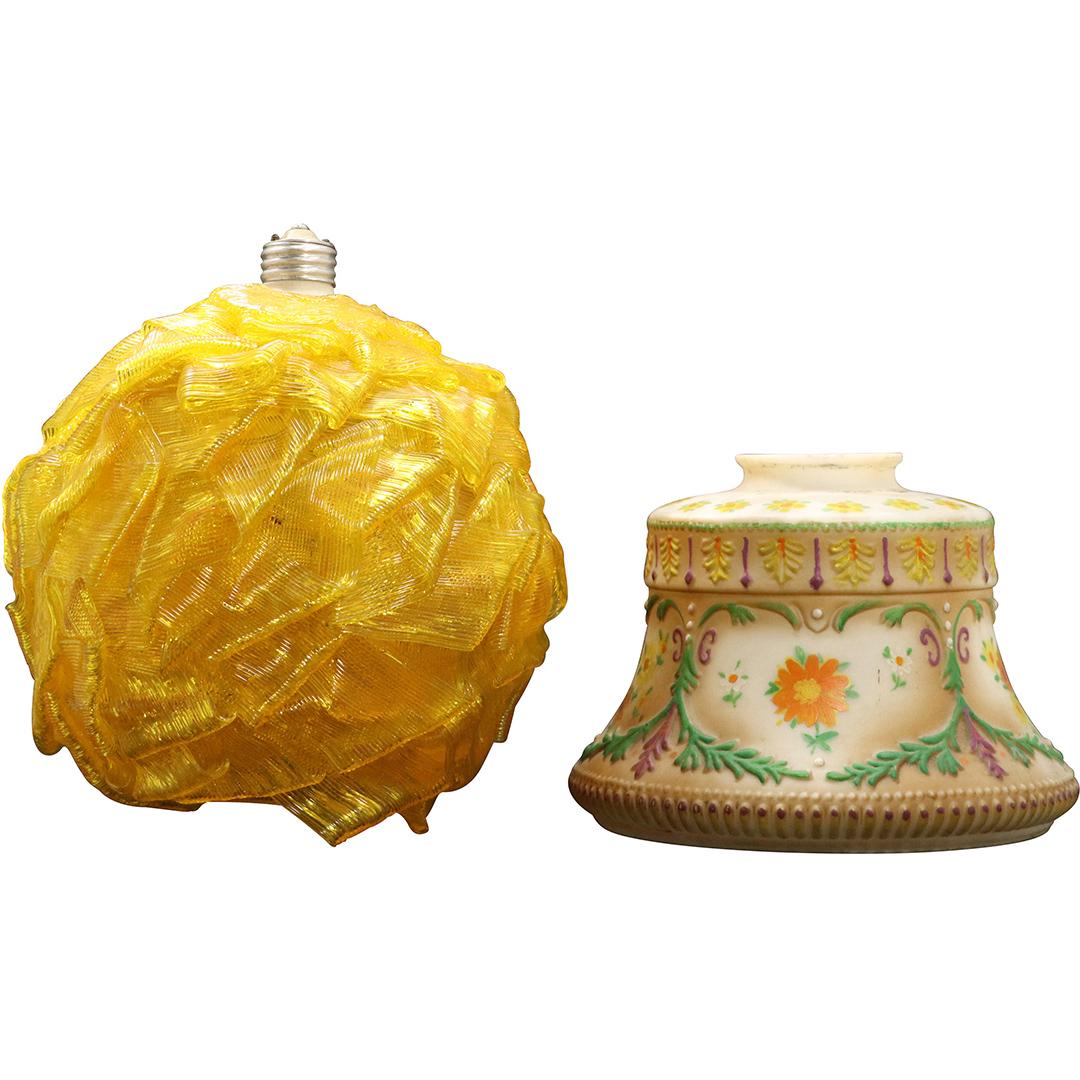 2 Vintage Lamp Shades Yellow Spun Ball & Painted Glass (1 of 9)