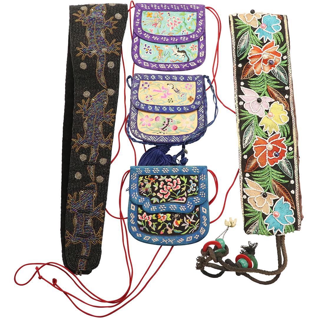Group Lot: 2 Beaded Belts and 3 Embroidered Purses: Group Lot: 2 Beaded Belts and 3 Embroidered Purses. Size: purses 4.5x4.5 in, belts 28 in long 44in with string, 34in lizard belt