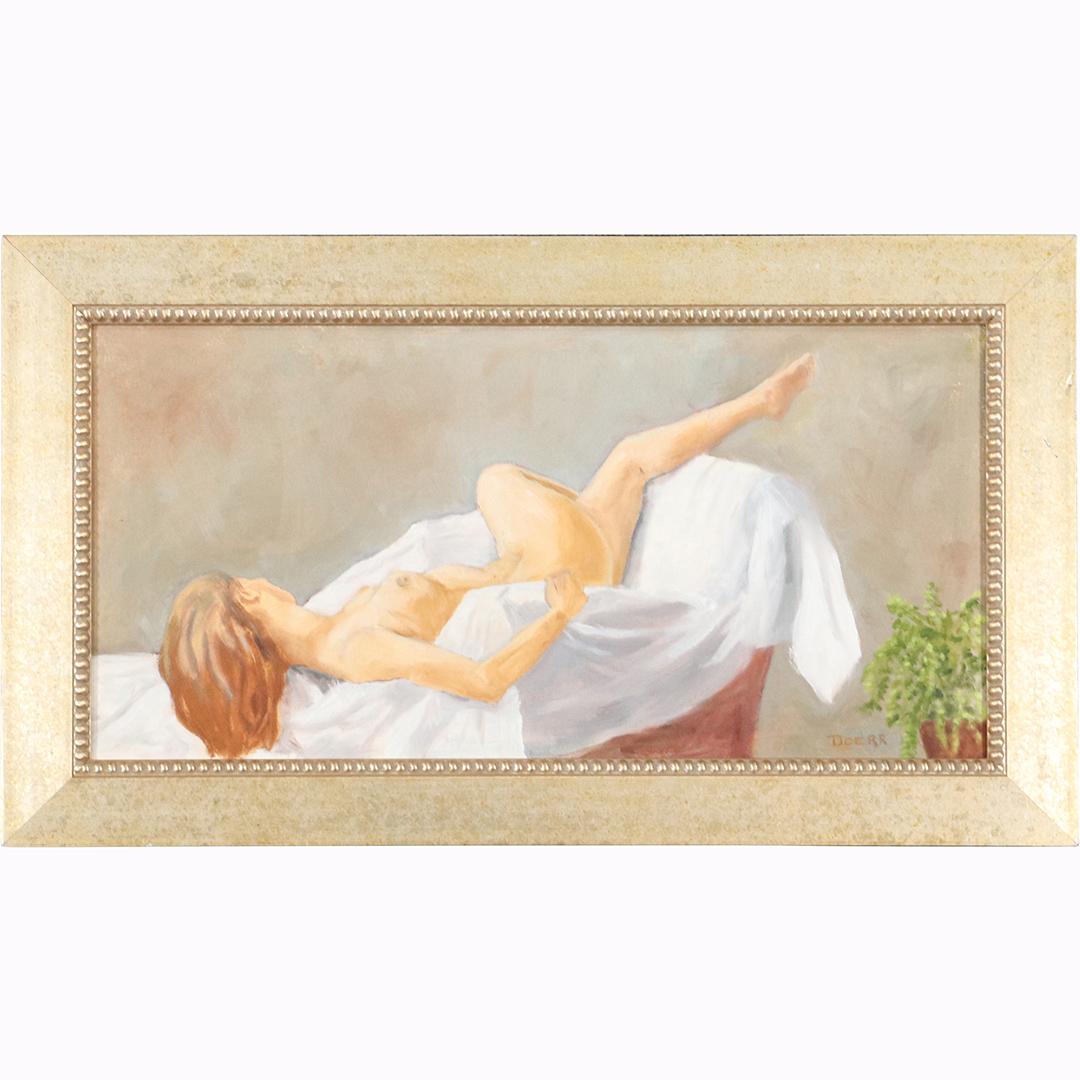 Doerr, Reclining Nude on White Sheet Oil/c Painting: Doerr, Reclining Nude on White Sheet Oil/c Painting. Oil on canvas painting, Signed, Framed. Size: 10x20 image, 13.5x23.5 outside frame