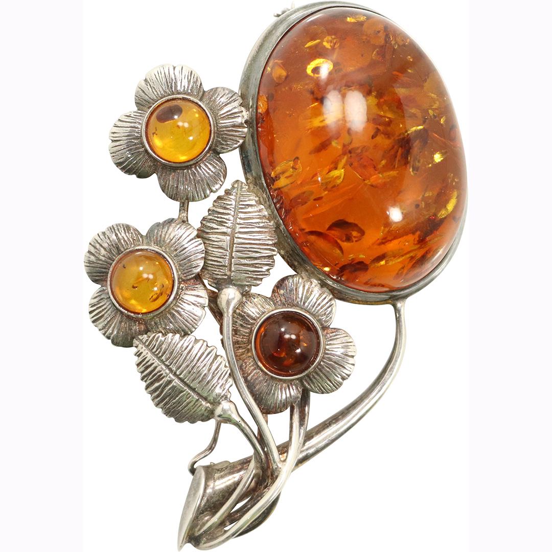 Large Amber and Sterling Silver Floral Brooch (1 of 6)