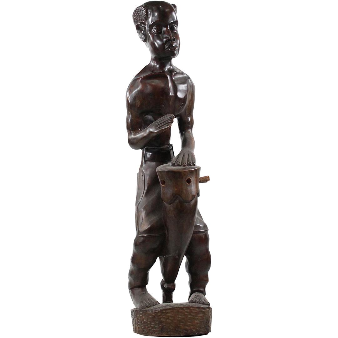 West African Lg. Carved Wood Figure Playing Tribal Drum (1 of 13)