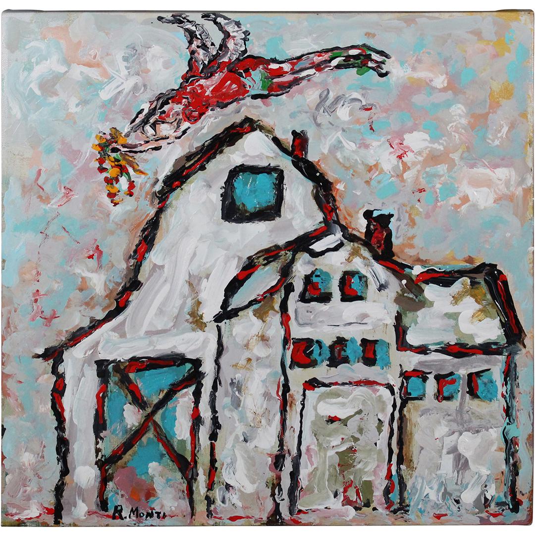 R Monti, Mid-Century Abstract Bird Flying Over Barn O/c (1 of 8)