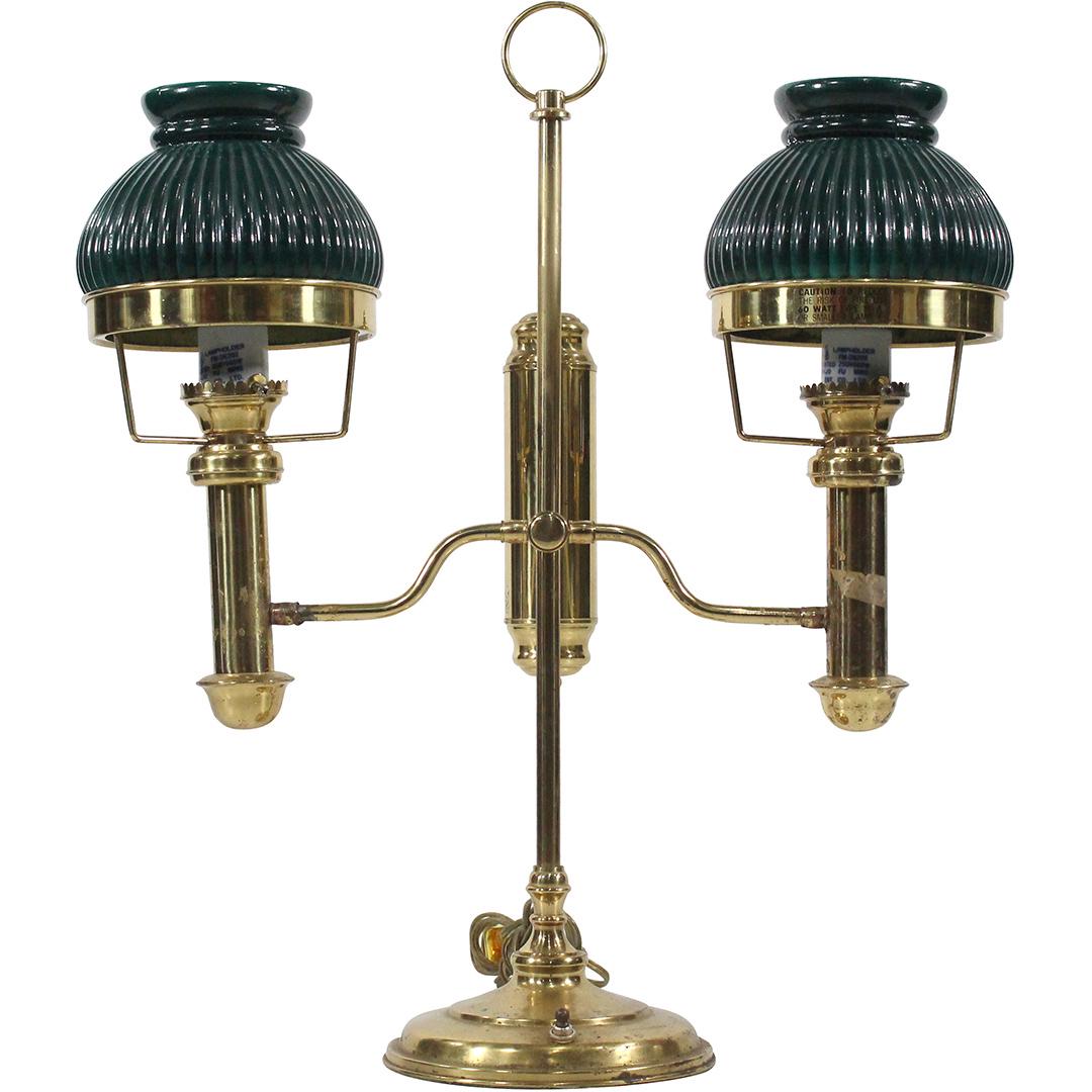 Brass Electric Double Student Lamp, Green Glass Shades (1 of 8)