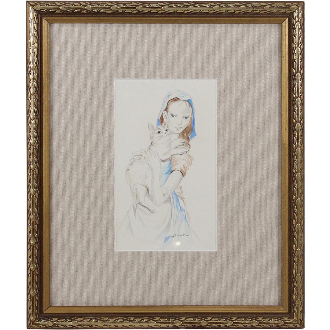 Tsuguharu Foujita, Watercolor Painting Girl Hold Cat (1 of 9)