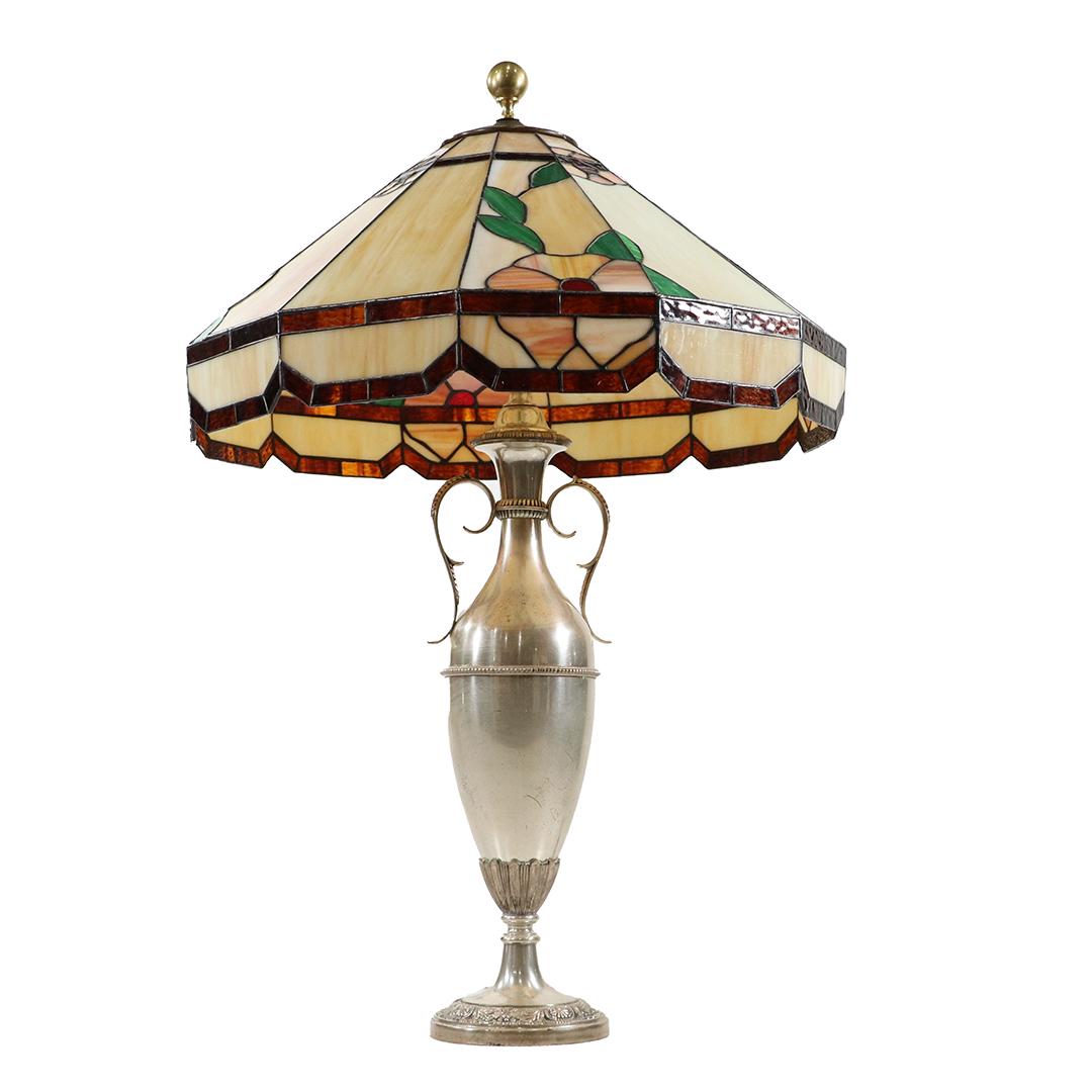 Leaded Glass Floral Panel Lamp Silver Tone Metal Base (1 of 11)