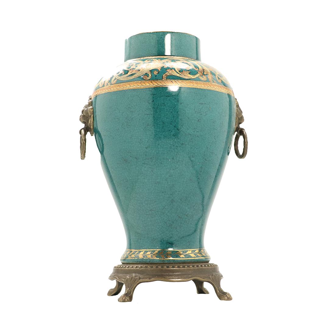 Green Porcelain Urn w/ Bronze Base & Bronze Lion Heads (1 of 7)