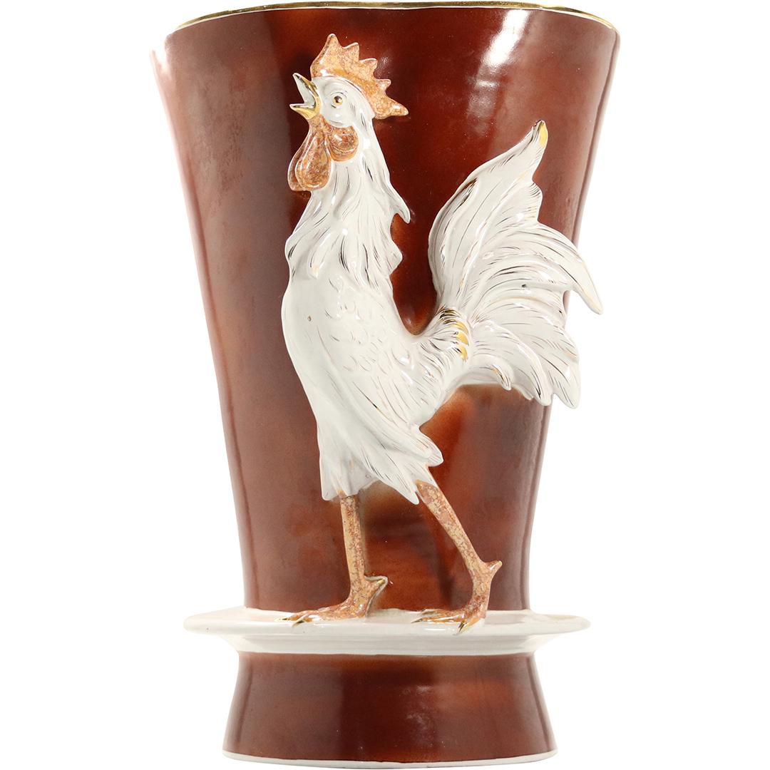 Italian Art Pottery Vase with Rooster Figure in Relief (1 of 9)
