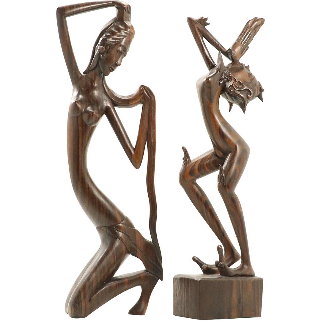 [2] Carved Rosewood Asian Dancer Figure Sculptures (1 of 8)