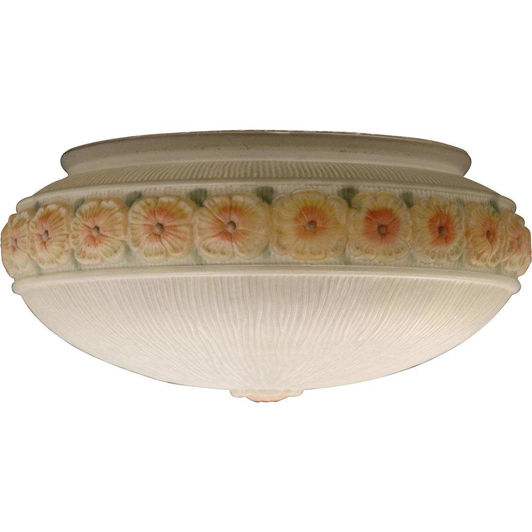 Circa 1920s Flower Border Glass Dome Chandelier Shade: Circa 1920s Flower Border Glass Dome Chandelier Shade. Size: 6h x 12w ;Fitter Size 10 in. diameter