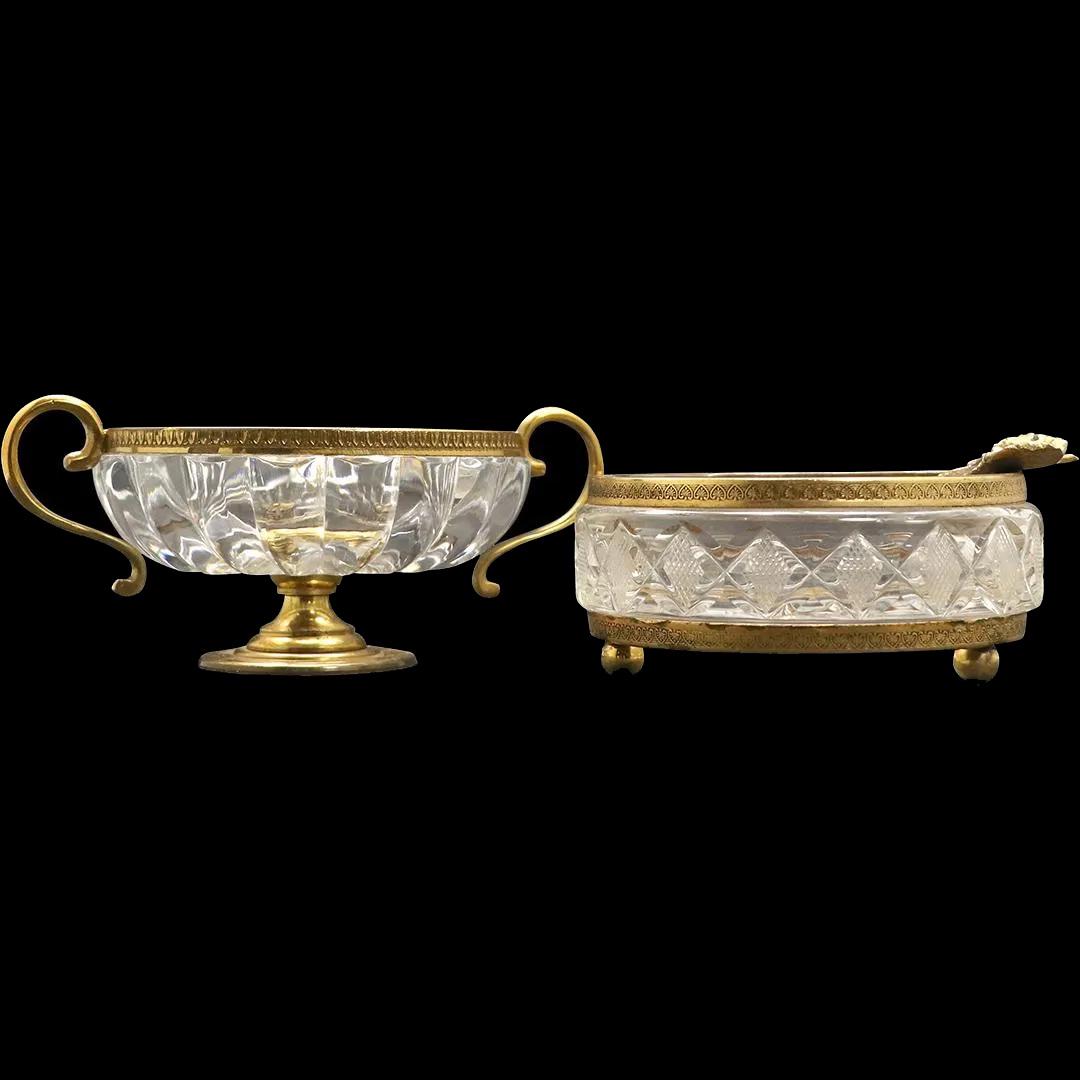 [2] Baccarat Style Crystal Bowls in Bronze Mounts: [2] Baccarat Style Crystal Bowls in Bronze Mounts. Size: 2h x 4.25w, 2.5h x 5.5w