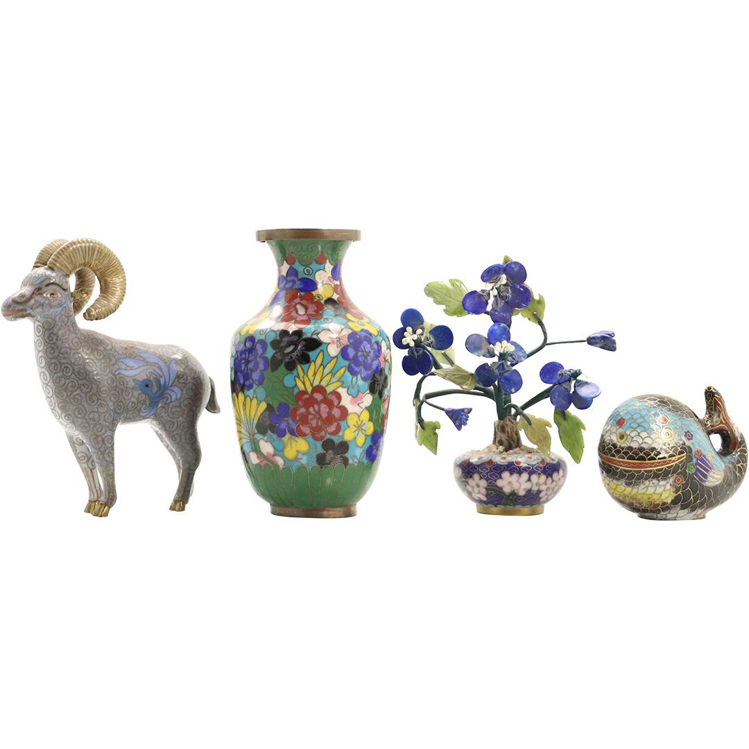 [4] Four Assorted Cloisonne: Whale, Goat, Pot, Vase: [4] Four Assorted Cloisonne: Whale, Goat, Pot, Vase. Size: whale 2.5x3 in // goat 5x4.5 in // pot 4.5x4 in // vase 5x3 in