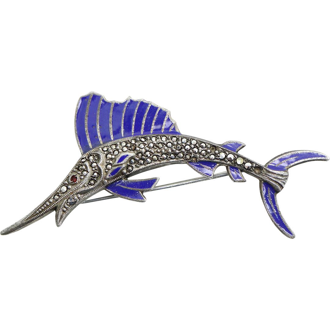 Sterling Silver Enamel Marcsasite Marlin Fish Brooch: Sterling Silver Enamel Marcsasite Marlin Fish Brooch. Marked: Sterling. size 1 3/8 in. x 3/4 in.