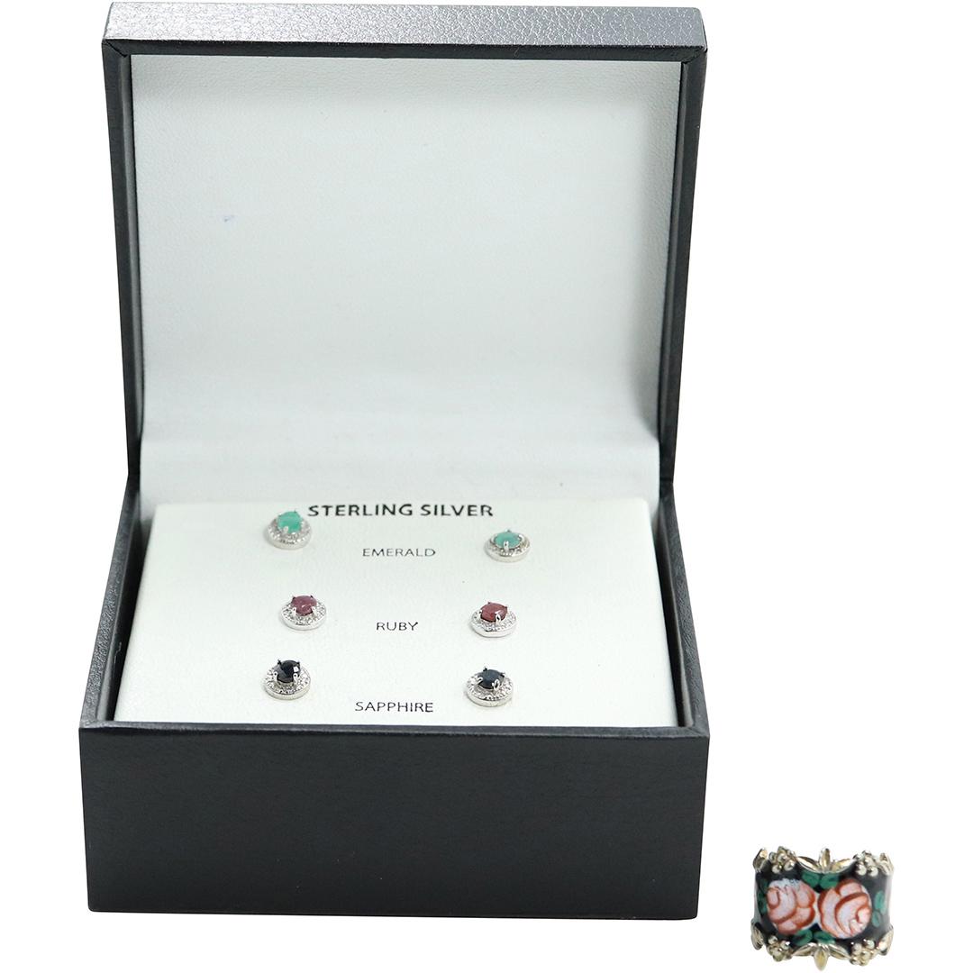 3 Sterling Pierced Earrings Emerald Ruby Sapphire, Ring (1 of 7)