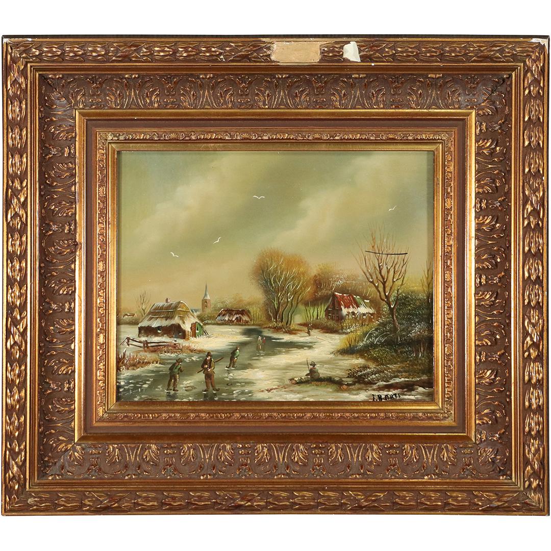 I B Arts, Fine 20th C Oil Painting Winter Ice Fishing: I B Arts, Fine 20th C Oil Painting Winter Ice Fishing, Thatch roof house. Oil on board painting, Signed, quality gold framing. Size: 9.5x11.5 in image, 16x18 in outside frame