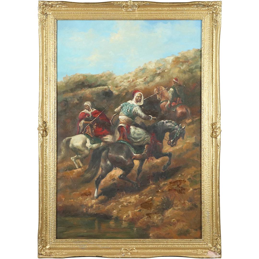 after Adolph Schreyer, Oil/c Arabian Horsemen in Battle: after Adolph Schreyer, Oil/c Arabian Horsemen in Battle. Oil on canvas painting, Unsigned, Gold framing. Size: 36x24 in image, 41.5x29 in outside frame