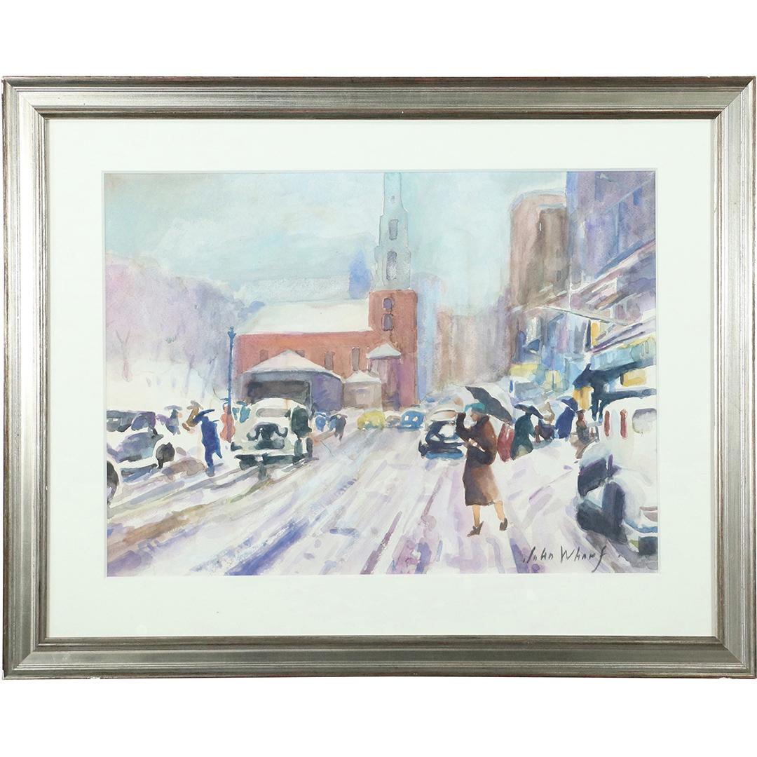 John Whorf; American Watercolor Winter on the Avenue: John Whorf; American Watercolor Winter on the Avenue Signed. Watercolor on paper. Winter on the Avenue. Signed lower left; 15.5in. X 22in.(image), 23in. X 29in.(outside frame)