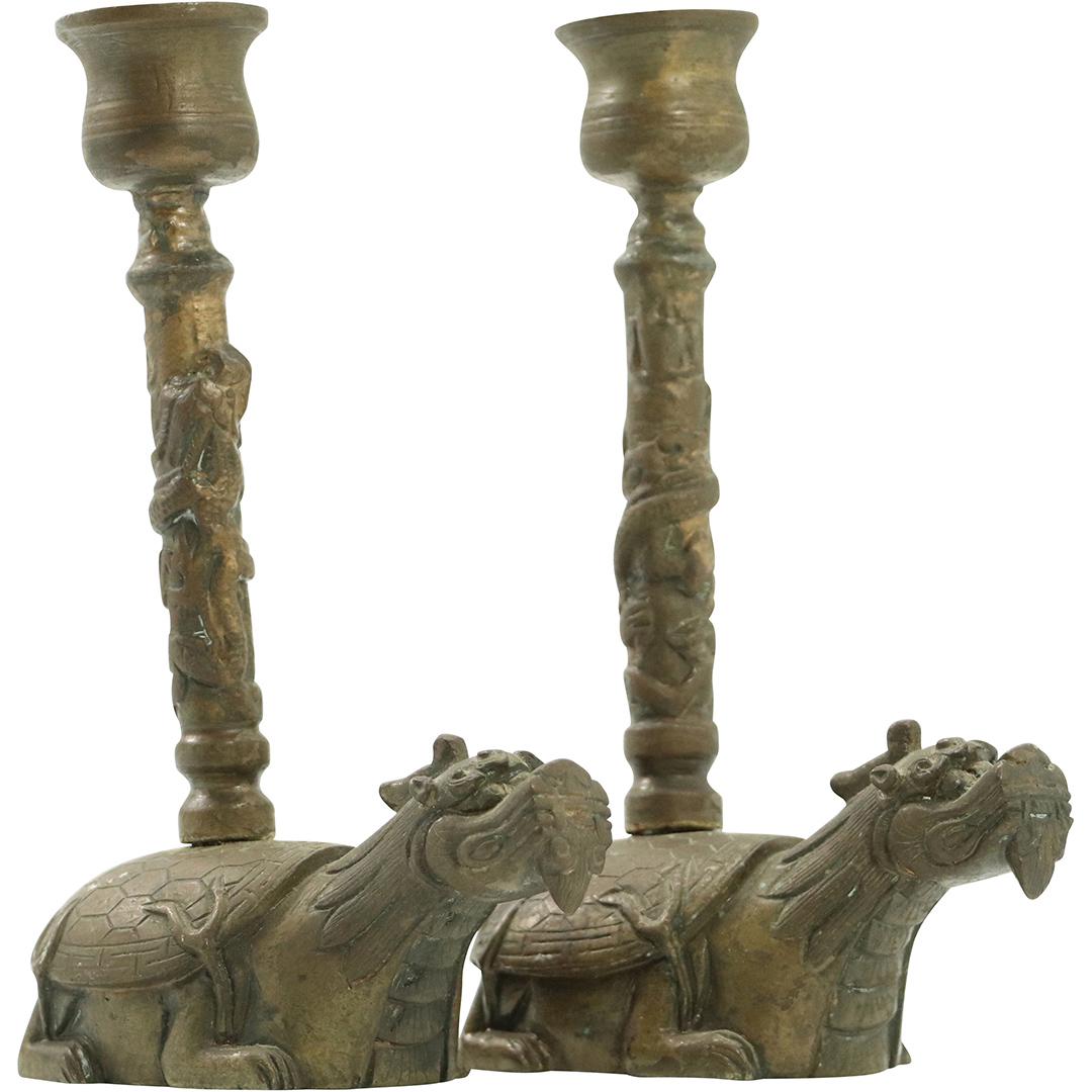[2] Bronze Feng Shui Chinese Dragon Turtle Candlesticks (1 of 7)