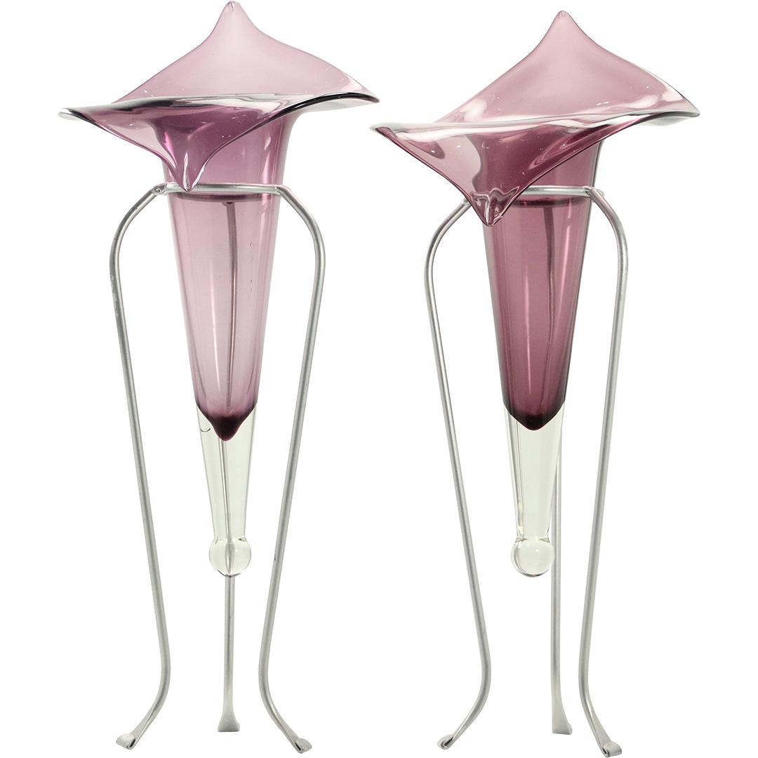 [2] Amethyst Glass Flower Form Vases in Metal Holders (1 of 8)