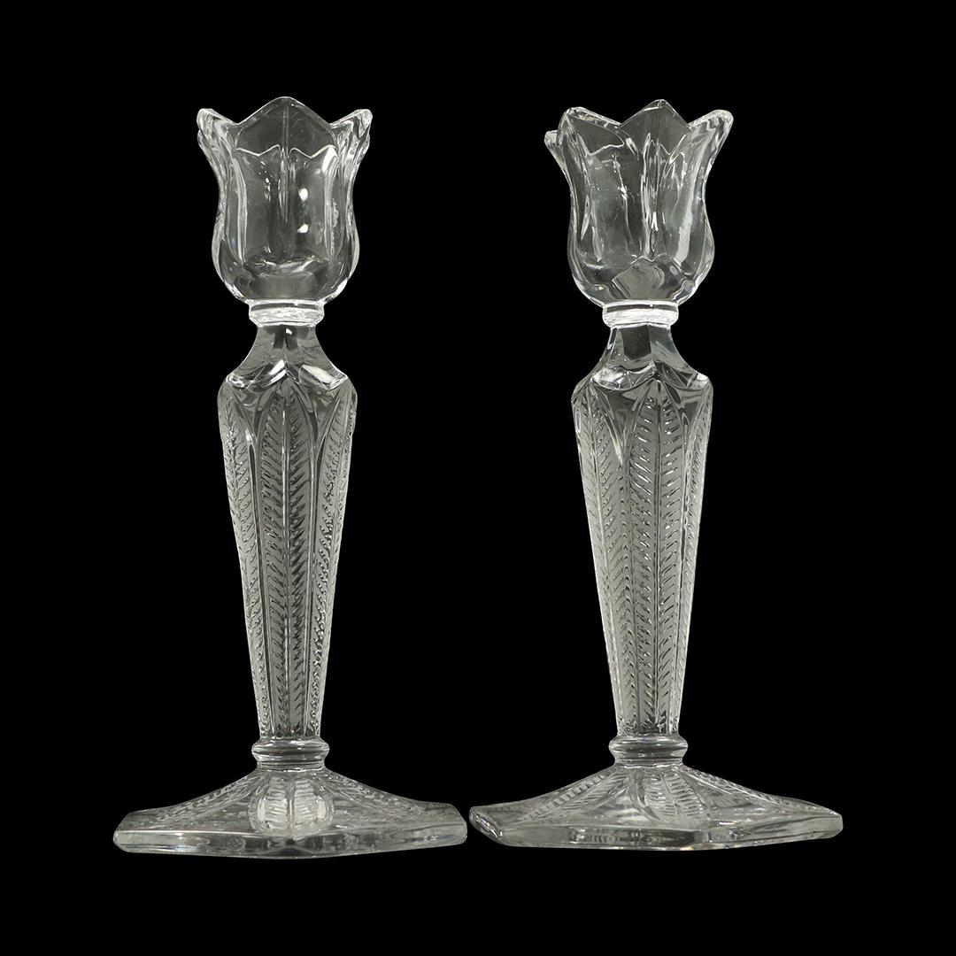 Pair Fern Leaf Pattern Crystal Glass Tall Candlesticks (1 of 5)
