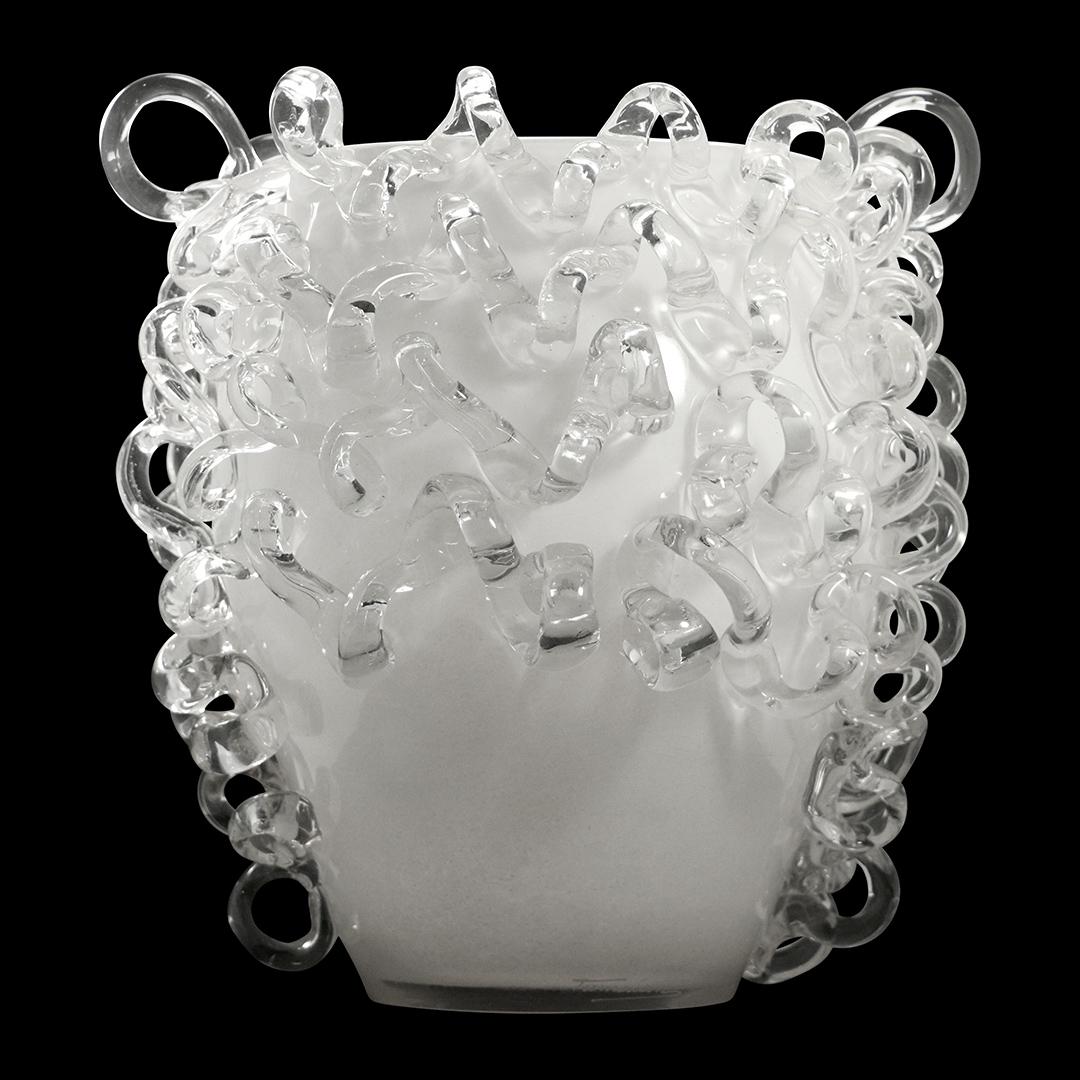 Ion Tamaian, Signed Large White Art Glass Ribbon Vase (1 of 8)