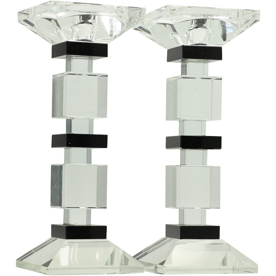 Pair Crystal & Black Glass Cubistic Tower Candlesticks (1 of 7)