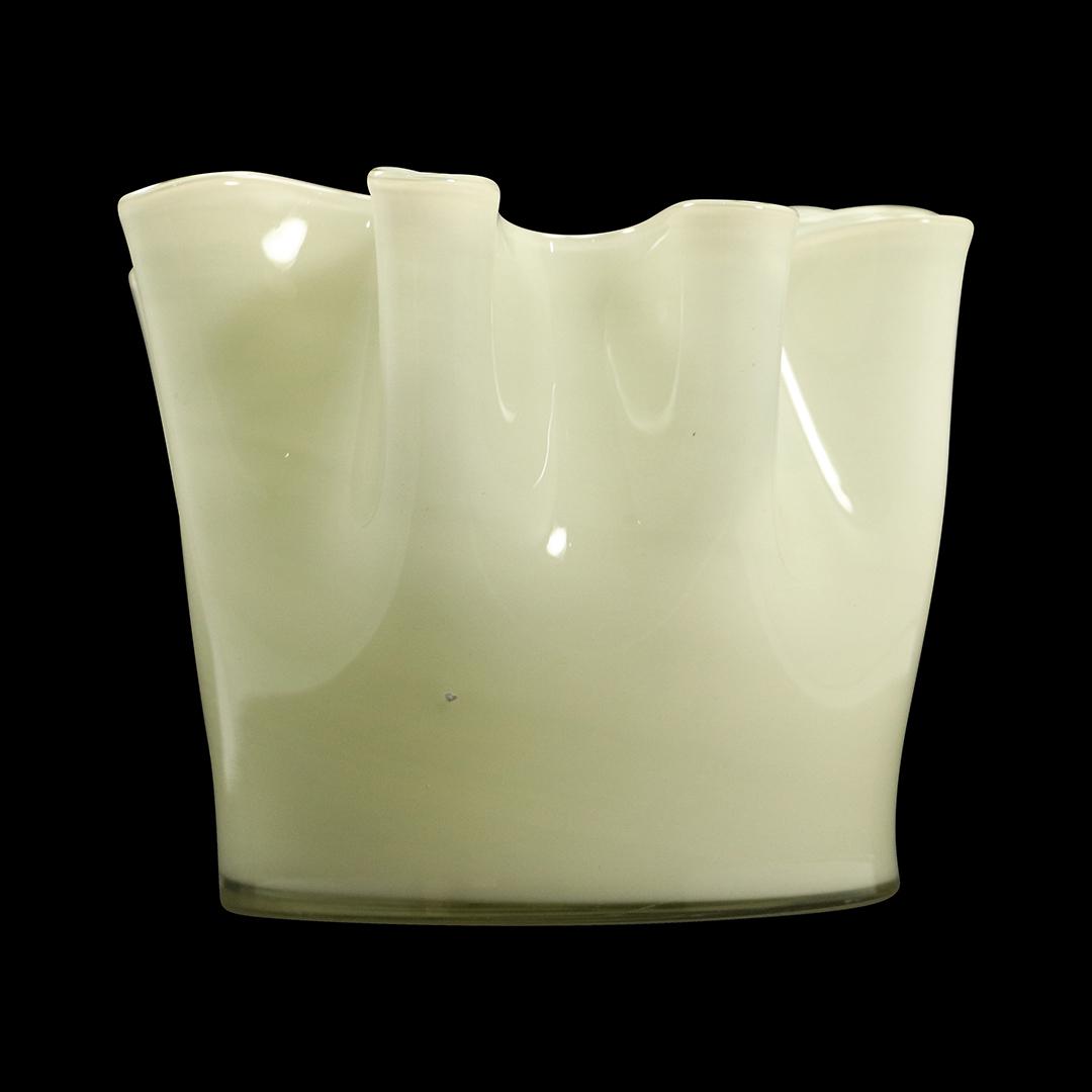 Mid-Century Modern White Glass Handkerchief Vase: Mid-Century Modern White Glass Handkerchief Vase. Size: 7h x 9w