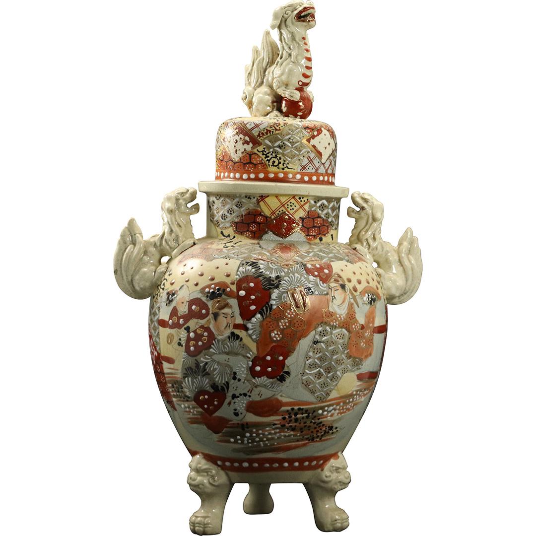 Japanese Satsuma Covered Urn Buddhist Foo Dog Finial: Japanese Satsuma Covered Urn Buddhist Foo Dog Finial. Decorated all over. Antique. Size: 18h x 10w