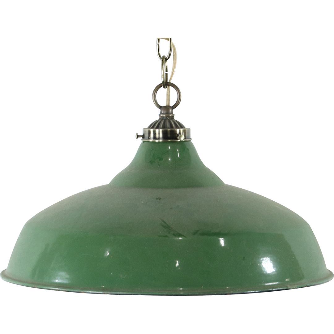 Green Enamel Metal Industrial Hanging Fixture: Green Enamel Metal Industrial Hanging Fixture. Size: 9.5h x 16w
