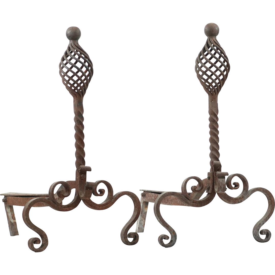 19th C Wrought Iron Stylish Fireplace Andirons: 19th C Wrought Iron Stylish Fireplace Andirons. Size: 21h x 20L x 12w
