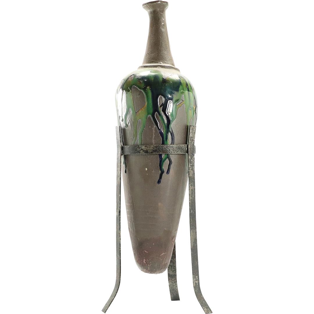 Mid-Century Modern Pottery Vase in Metal Holder (1 of 9)