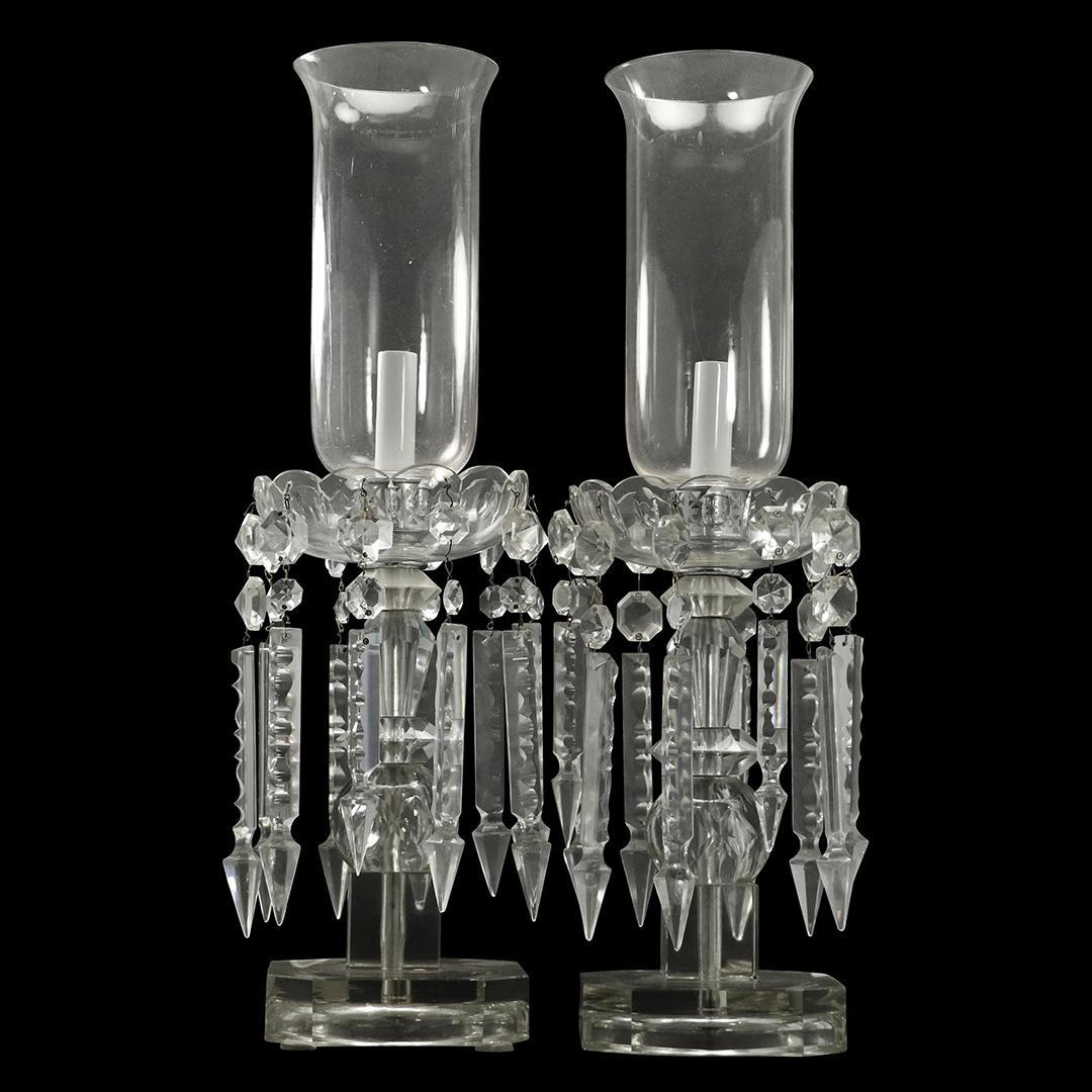 Pair Crystal Glass Hurricane Lamps with Long Prisms (1 of 9)