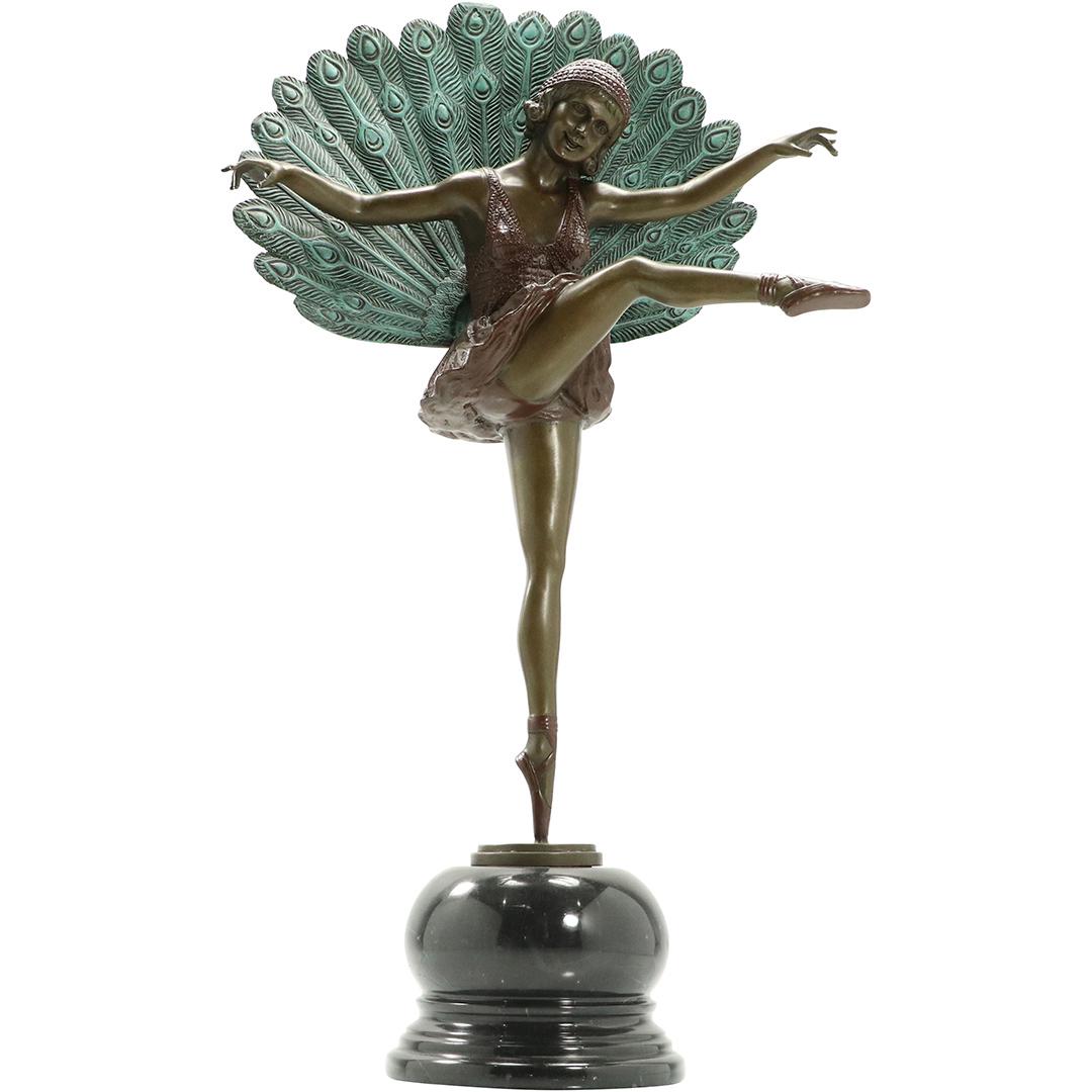 M Pellier, Art Deco Bronze Peacock Flapper Girl Dancer (1 of 10)